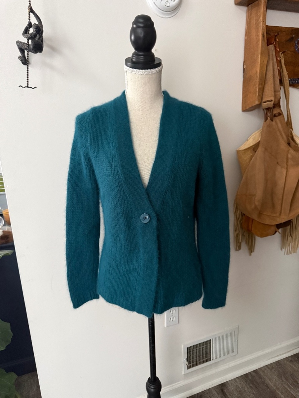 SARAH SPENCER Nylon, Angora, Lambswool Teal Sweater Cardigan M